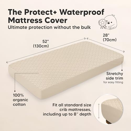 Image of 2-Pack Waterproof Crib Mattress Protector Cover Fitted - Quiet Baby Crib Mattress Pad Sheets, 52 inch x 28 inch Soft Quilted Cotton Baby Sheet, Machine Washable, Easy Fit, Durable (Oat /Mavy)