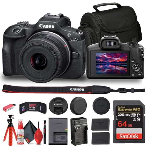 Canon EOS R100 Mirrorless Camera with 18-45mm Lens (6052C012) + 64GB Card + LPE17 Battery + Charger + Card Reader + Flex Tripod + Cleaning Kit + Memory Wallet + Bag (Renewed)