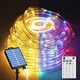 ICRGB Solar Rope Lights Outdoor, 66Ft 200LED 1800mAh Christmas String Lights with Remote, Type C, 19 Modes & Timer, IP67 Waterproof, Solar Light for Tree Patio Porch, Warm White to Multicolor