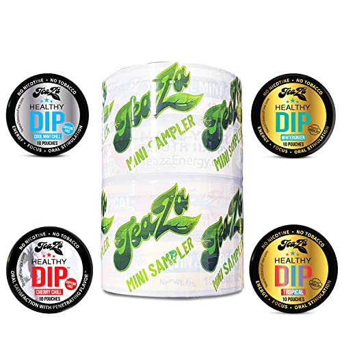 Teaza Herbal Energy Sampler Pack, Healthy Dip Pouches Smokeless Alternative Snuff, Chewing Dipping Tobacco Alternative Nicotine Free Dip - Cool Mint Chill, Cherry Chill, Wintergreen, Tropical (4 Pack) #TOP1