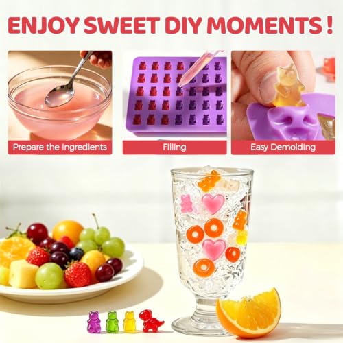 Image of Gummy Bear Molds Silicone Mini Size, Non-stick Chocolate Candy Gummy Mold with 2 Droppers Including Dinosaur, Bear, Hearts and Donut Shape 201 Cavities