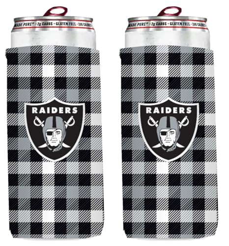 Football 12oz 2-Pack Slim Skinny Can Holder Insulator Beverage Huggie Cooler Coozies (Las Vegas Plaid Black (Raiders))