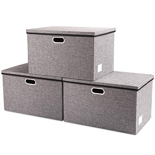 Image of PRANDOM Extra Large Collapsible Storage Bins with Lids [3-Pack] Linen Fabric Foldable Storage Baskets Boxes Organizer Containers Cube with Cover for Bedroom Closet Office Nursery (22.8x15.75x13.8)