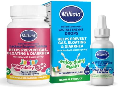 Milkaid Junior Lactase Enzyme Chewable Tablets & Milkaid Lactase Drops for Lactose Intolerance Relief | Prevents Gas, Bloating, Diarrhea in Children | Fast Acting Dairy Digestive Supplement |