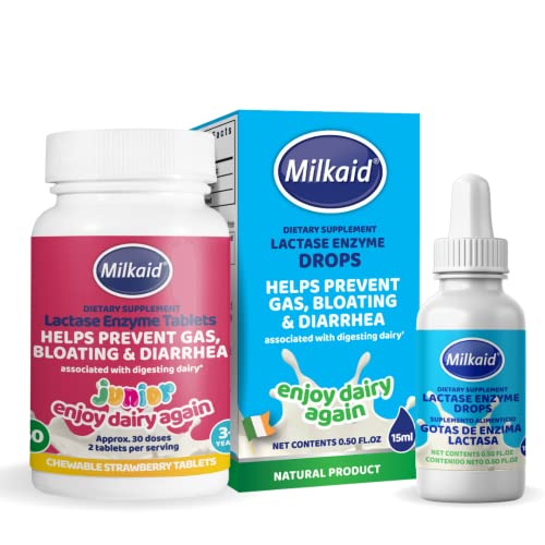 Milkaid Junior Lactase Enzyme Chewable Tablets & Milkaid Lactase Drops For Lactose Intolerance Relief | Prevents Gas, Bloating, Diarrhea In Children | Fast Acting Dairy Digestive Supplement | #TOP12