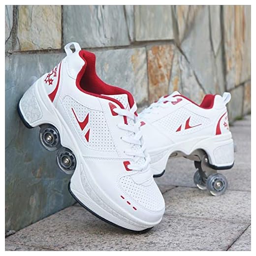 HUOQILIN Rollschuh Roller Skates Lauflernschuhe,Sneakers,2in1 Mehrzweckschuhe Schuhe Mit Rollen Skateboardschuhe,Inline-Skate,Verstellbare Quad-Rollschuh Stiefel Skateboardschuhe (Red, 38)