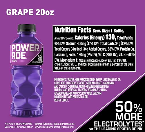 Image of POWERADE Sports Drink Grape, 20 Ounce (Pack of 8) | Sport Beverage Enhanced with Electrolytes | 50% More Electrolytes vs. the Leading Sports Drink (per 12oz serving)*
