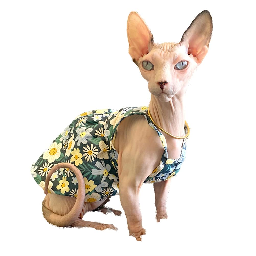 Hairless Cat Clothes - Breathable Summer Cotton Sundress with Sunflower Print Suspender Skirt Elegant Romantic Girly Vest Soft Princess Dress for Sphynx, Cornish Rex, Devon Rex, Peterbald (L)