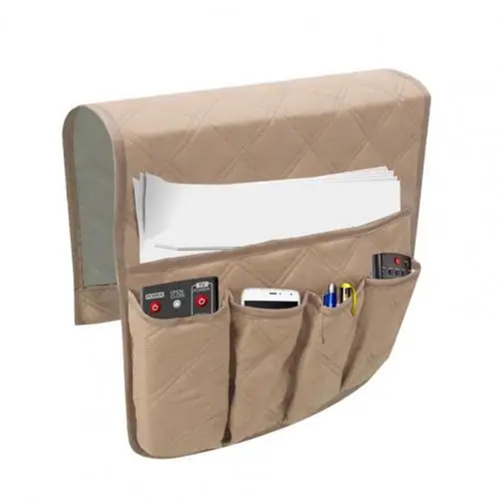 BDFJEDS Couch Armrest Organizer Waterproof Anti Slip Sofa Chair Arm Rest 5 Pocket Organizer Couch Remote Control Storage Bag Magazines Sundries Bags(Beige)