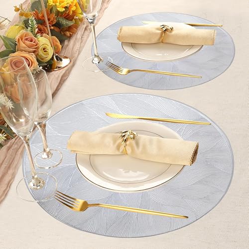 Image of HomeCloud PVC Material Round Shape Table Mat, Dining Table Mat,Table Placemats, Round Mats,Best for Bed-Side Table /Center Table, Dining Table /Shelves (Circle Leaf Flower Silver, Set of 2)