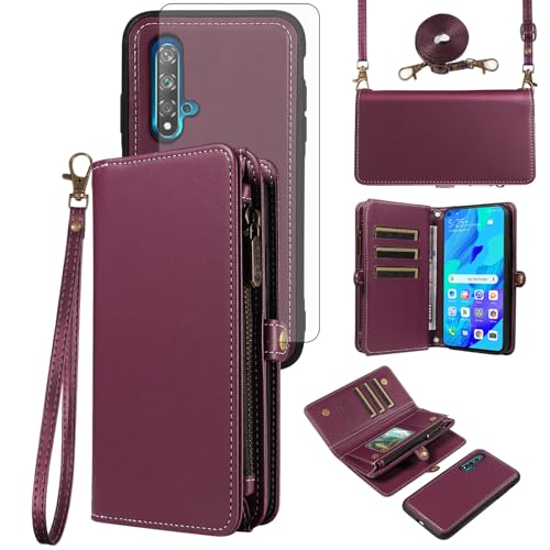 Coque Honor 20 Pro portefeuille en cuir violet haut de gamme avec verre d'écran