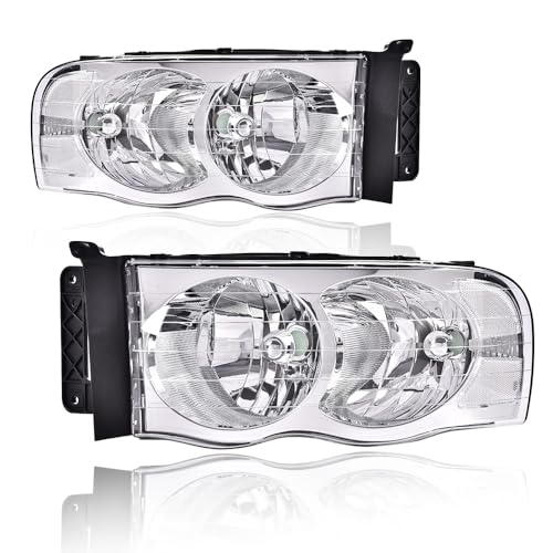 Image of GRAND ORANGE Headlight Assembly Compatible with 2002-2005 Dodge Ram 1500 /2003-2005 Dodge Ram 2500 3500 Clear Lens /Amber Corner Chrome Housing 55077121AF 55077120AF 55077121AG 55077120AG