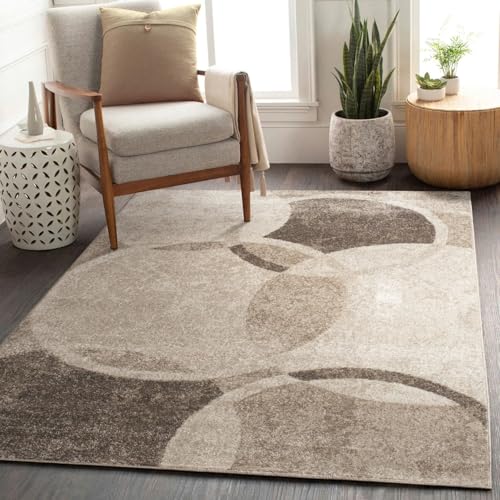 Alfombra moderna diseño de círculos para salón, jaspeado marrón, beige, negro., polipropileno, 60 x 100 cm