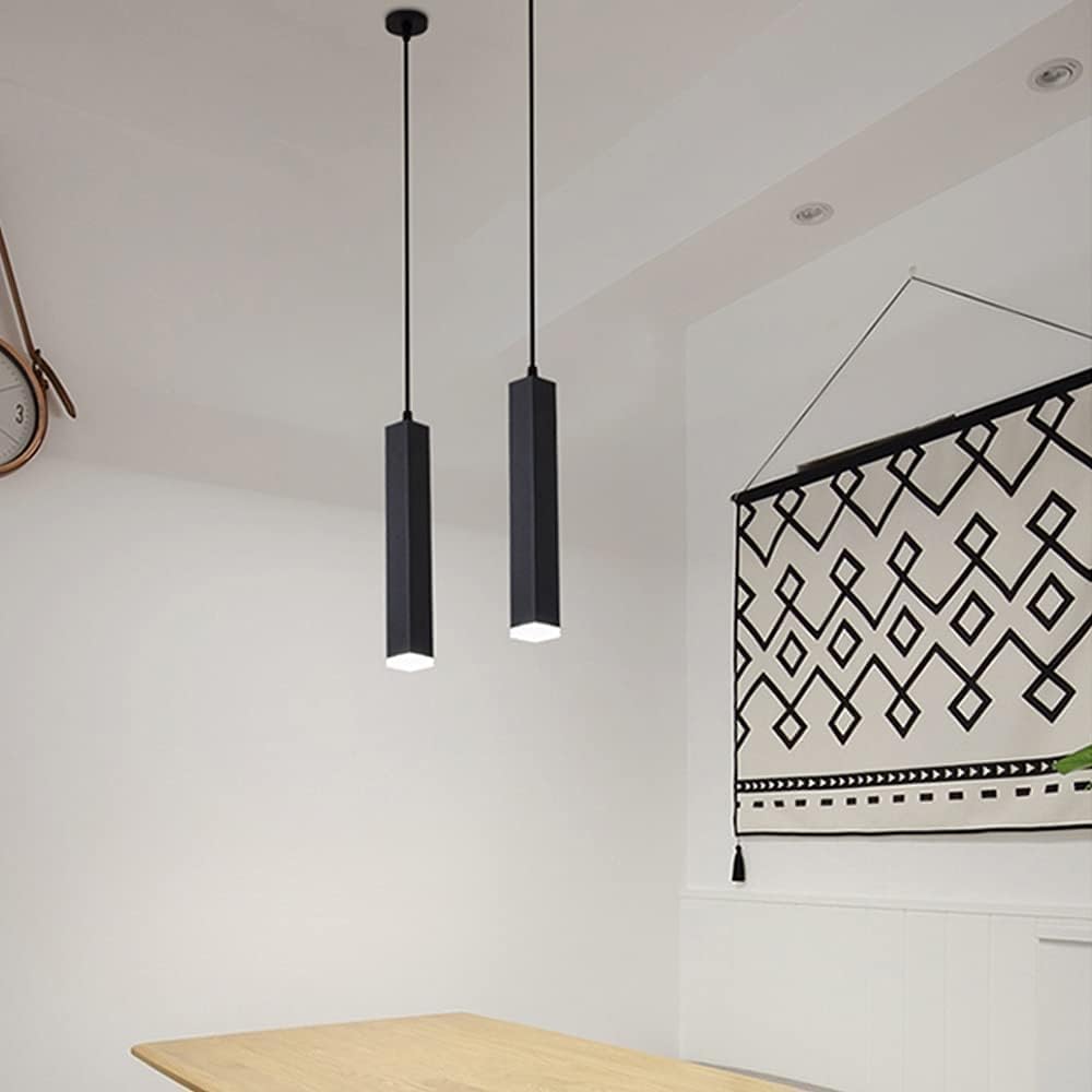 Long Black Bar Light Led Linear Tube Kitchen Hanging Over Island Square Single Small Ceiling Lamp,Chandelier/Tricolor Light/Height 42Cm (Warm Light Height 32Cm)