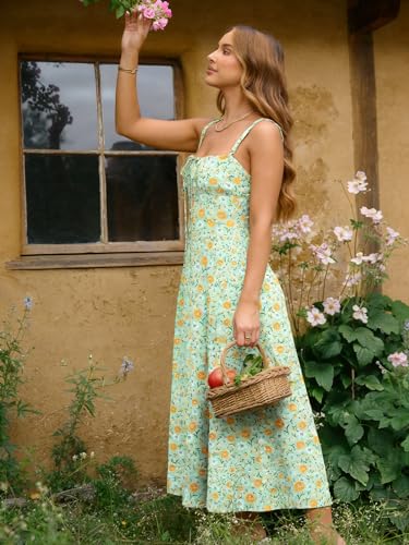 Image of YATHON Women's Summer Midi Corset Boho Dresses Spring Casual Floral Spaghetti Straps Lace Up Dress Flowy Aline Beach Sundress
