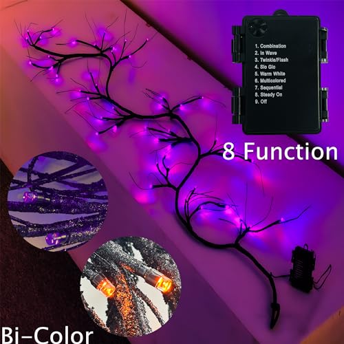Orange and Purple Garland Lights 8 Functions 48 LED Fairy Lights, Lighted Black Garland Battery Operated for Christmas Home Decor Inside Outdoor (Orange-Branch)