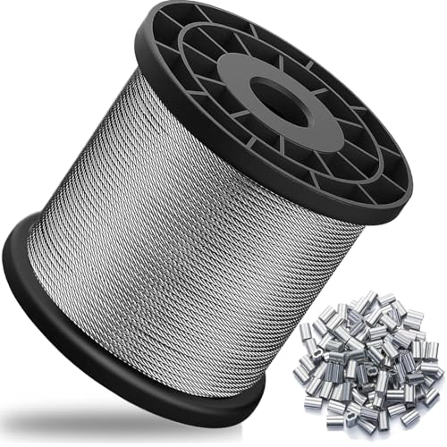 Image of 1 /16 inch Wire Rope,328FT Stainless Steel Cable with 150Pcs Crimping Sleeves,7x7 368lbs Breaking Strength for Garden Wire,Aircraft Cable