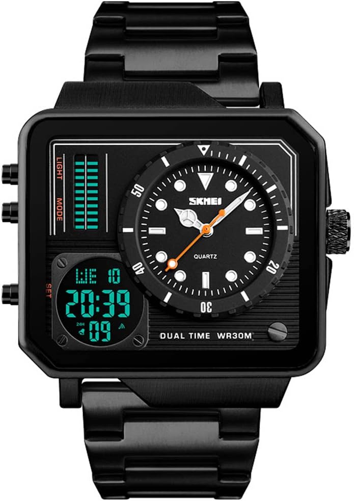 GosasaMen's Square Large Face Stainless Steel Digital Sports Watch, LED Analog Quartz Wrist Watch with Multi-Time Zone Waterproof Stopwatch