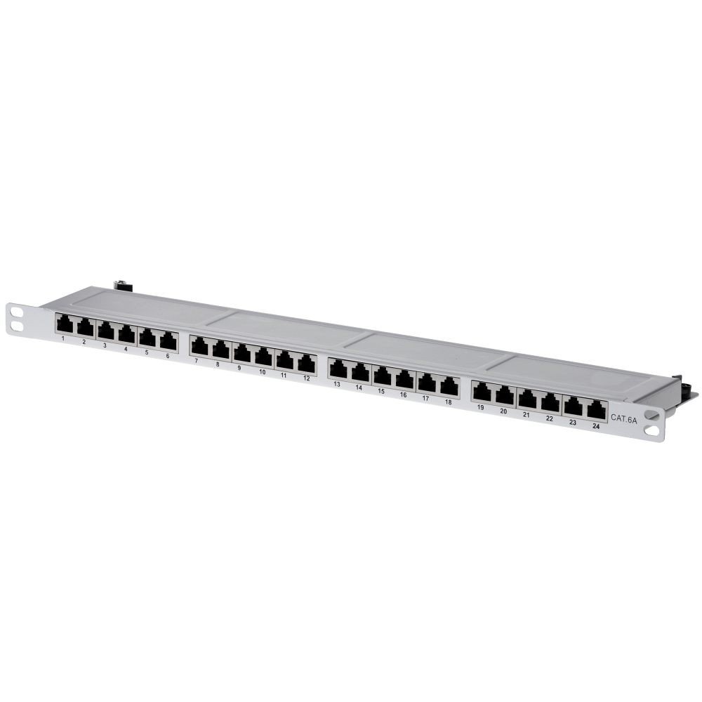 helos Patchfeld Cat. 6A 19" 0,5HE 24 Port grau , Preisgünstiges geschirmtes LSA Patchpanel mit 1/2 Bauhöhe und 24 Anschlussports , zur Netzwerkinstallation