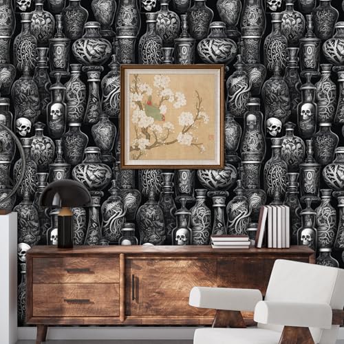 Dark Gothic Wallpaper Peel and Stick Black Cool Spooky Mysterious Vivid Whimsical Skeleton Leaf bottle Self Adhesive Contact Paper Removable Waterproof for Bedroom Renter friendly 17.71"x236.2" — view 6