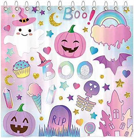 Funnytree Halloween Cute Boo Spooky Shower Curtain Set with Hooks Hallowmas Pumpkin Bat Bathroom Bathtubs Decor Easy Care Washable Durable Polyester Fabric 72"x72"