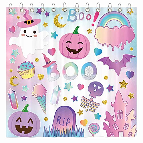 Funnytree Halloween Cute Boo Spooky Shower Curtain Set With Hooks Hallowmas Pumpkin Bat Bathroom Bathtubs Decor Easy Care Washable Durable Polyester Fabric 72"X72" #TOP10