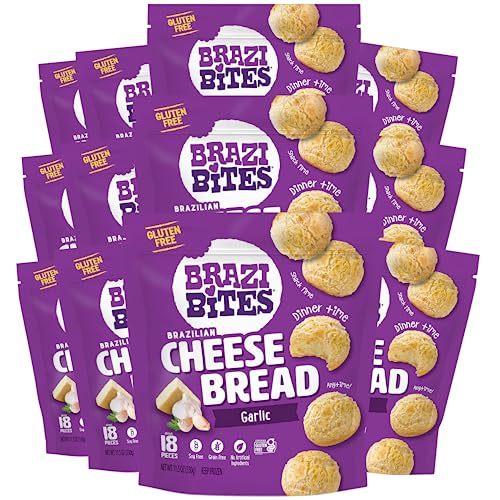 Brazi Bites Gluten-Free Brazilian Cheese Bread: Garlic Asiago | Vegetarian Frozen Bread Snacks | Soy-Free | No Artificial Ingredients | No Preservatives | 11.5 oz. pouches (12-pack)