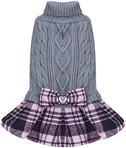 KYEESE Dog Sweater Dress with Bowtie Checkered Dog Sweaters with Leash Hole for Small Dogs Warm Pet Sweater Grey