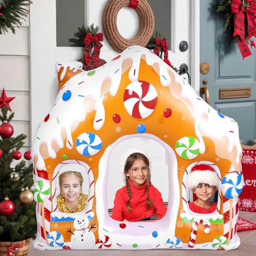 Image of Colingmill 55 Inch Christmas Gingerbread House Photo Frame Inflatable Balloon Decorations Photo Backdrop Booth Selfie Frame Background for Xmas Gift Party Supplies