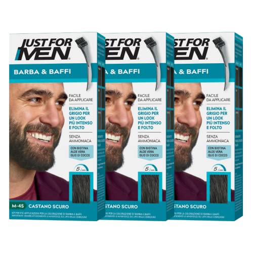 Just For Men Barba & Baffi, Tinta Per Barba Uomo, Tintura Senza Ammoniaca, Elimina I Peli Grigi, Con Pettine Applicatore, Colore Castano Scuro, M45 (3 Pack)