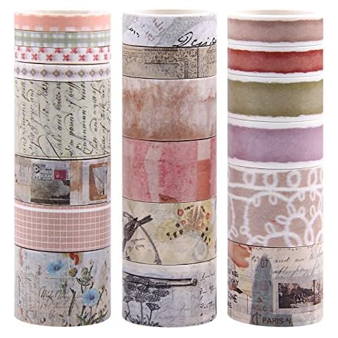 Lychii Washi Tape Set, 20 Rolls Vintage Decorative Masking Tape for DIY, Journals, Daily Planners, Gift Wrapping, Office Party Supplies Cover