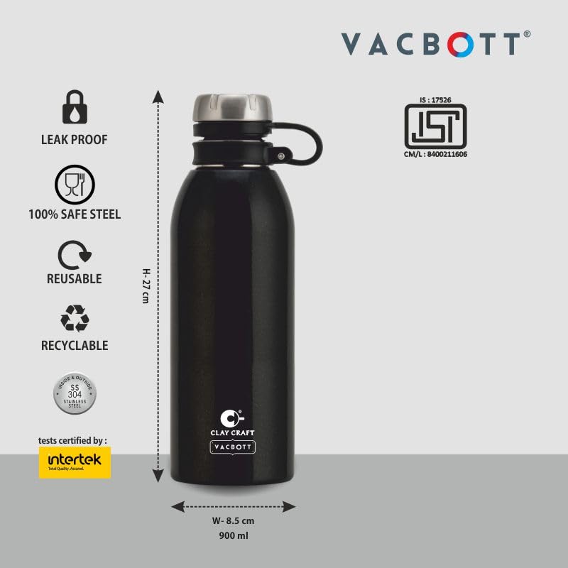 Image of CLAY CRAFT VACBOTT Charlie Double Walled|18 Hours Hot and 24 Hours Cold Water Bottle Vacuum Insulated Flask Bottle 900ml|1 Pcs Water Bottle|Travelling|BPA-Free|BIS Certified|1Year Limited Warranty