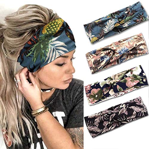 Fashband Boho Headbands Criss Cross Hair Bands Elastic Stretchy Twist Head Wraps Yoga Outdoor Head Scarfs Headpiece for Women Girls Pack of 4 (Type K)