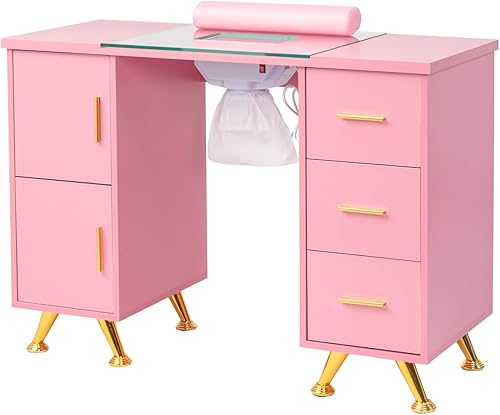 Vista 8 de OmySalon Mesa de manicura de uñas para tecnología de uñas con parte superior de cristal y reposamuñecas, suministros de decoración de uñas, estación