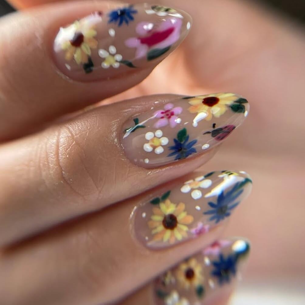 SXVME French Press on Nails Almond Shape False Nails with Colorful Flower Designs Floral Fake Nails Medium Length Spring Summer for Women 24Pcs - Image 2