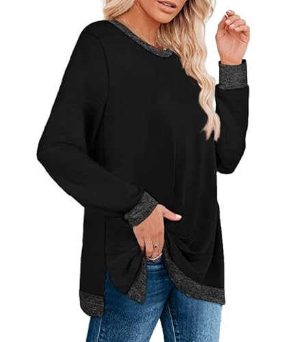 Weeso Long Sweatshirts For Women Pullover Sweaters Tops Round Neck Black Large #TOP2