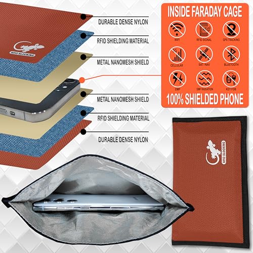 Image of Gecko Travel Tech Faraday Bag Anti-Tracking GPS RFID Car Key Signal Blocker Wallet Shielding Pouch Protective Case for Cell Phone Car Key FOB, Data Privacy, Electronic Device Security, ORANGE - NYLON,