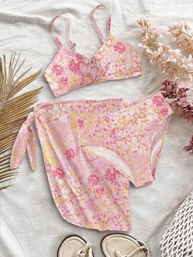 Image of RoseSeek Girls 3 Piece Bikini Set with Beach Skirt Floral Leopard O-Ring Padded Swimsuit for Teen Girls