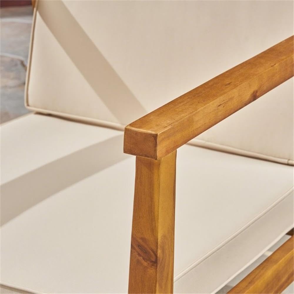 Close-up of an acacia wood armrest on the outdoor chair