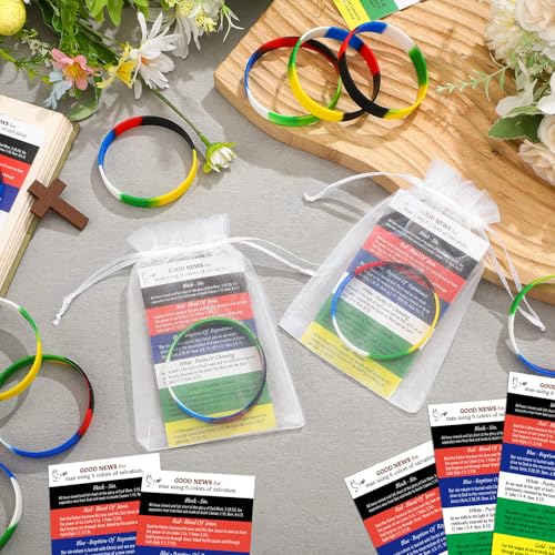 Cunno 50 Sets Plan of Salvation Bracelets Sets with 50 Bulk Plan of Salvation Cards Gospel Tracts Pocket Holy Postcards Prayer Cards 50 Wrist Band Wordless Silicone Bracelet 50 Bags for Ministering by Cunno - Image 2