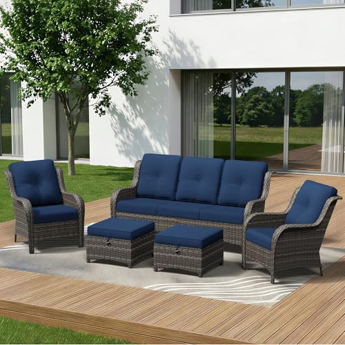 Image of 5 Piece Outdoor Wicker Patio Furniture Set, Patio Chairs Set with Thickened Olefin Cushions, High Back and Deep Seating, Hand-Woven PE Rattan, Ottoman for Porch, Deck