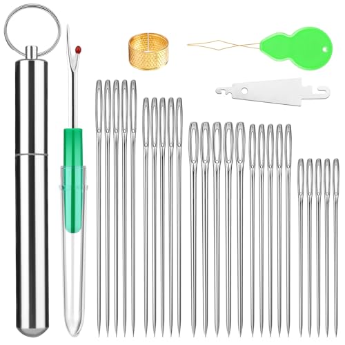 Fteven Embroidery Needles, 25PCS Large Eye Sewing Needles, 5 Size Hand Sewing Needles with Aluminium Storage Tube Threaders,Sewing Sharp Needles for Stitching Crafts, Quilting