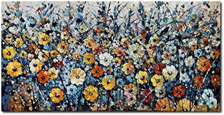NANKAI Large Original Oil Painting Hand-Painted Abstract Wall Art on Canvas Blue Horsetail Grass Oil Painting 30x60inch Nature Home Decor