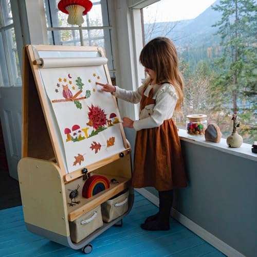 BanaSuper 3-in-1 Kunst Staffelei für Kinder, höhenverstellbare Kunst Kreidetafel mit abschließbaren Rädern, Doppelseitige Hölzerne Malerei Staffelei, Mobile Magnetische Tafel mit Lagerung