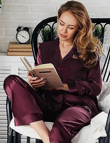 Image of SWOMOG Long Sleeve Pajamas Set Silk Satin Sleepwear Button Down Pjs Loungewear with Pocket