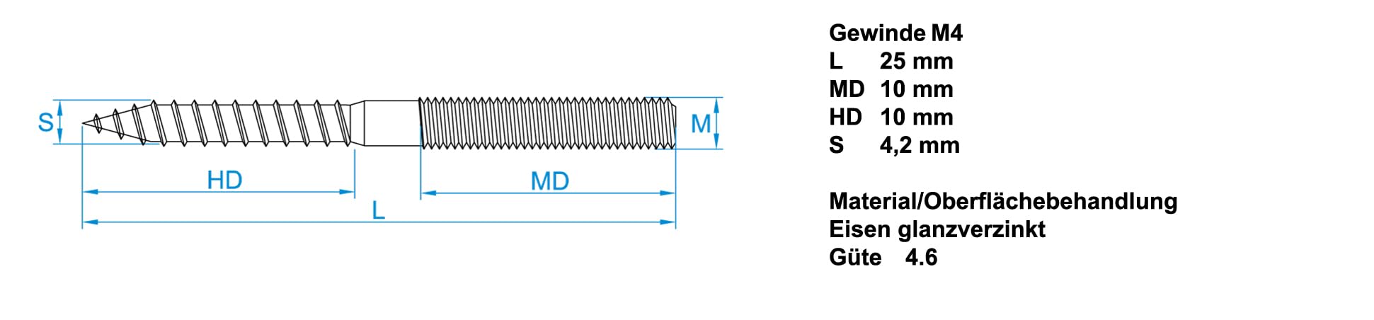 Design61 10 x Vite di montaggio a doppio filetto con filettatura per legno e filettatura metrica, viti con filettatura in acciaio zincato per collegamento in legno e metallo, tasselli di montaggio (M4