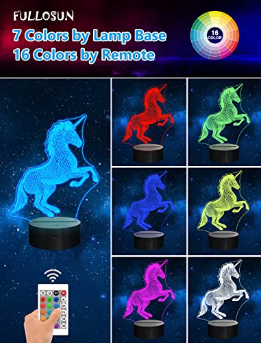 FULLOSUN Unicorn Bedside Lamp 3D Illusion Night Light,16 Colors Changing Remote Control Optical Light ,Room Decor Unique Birthday Christmas Gift for Girls Kids Toddler