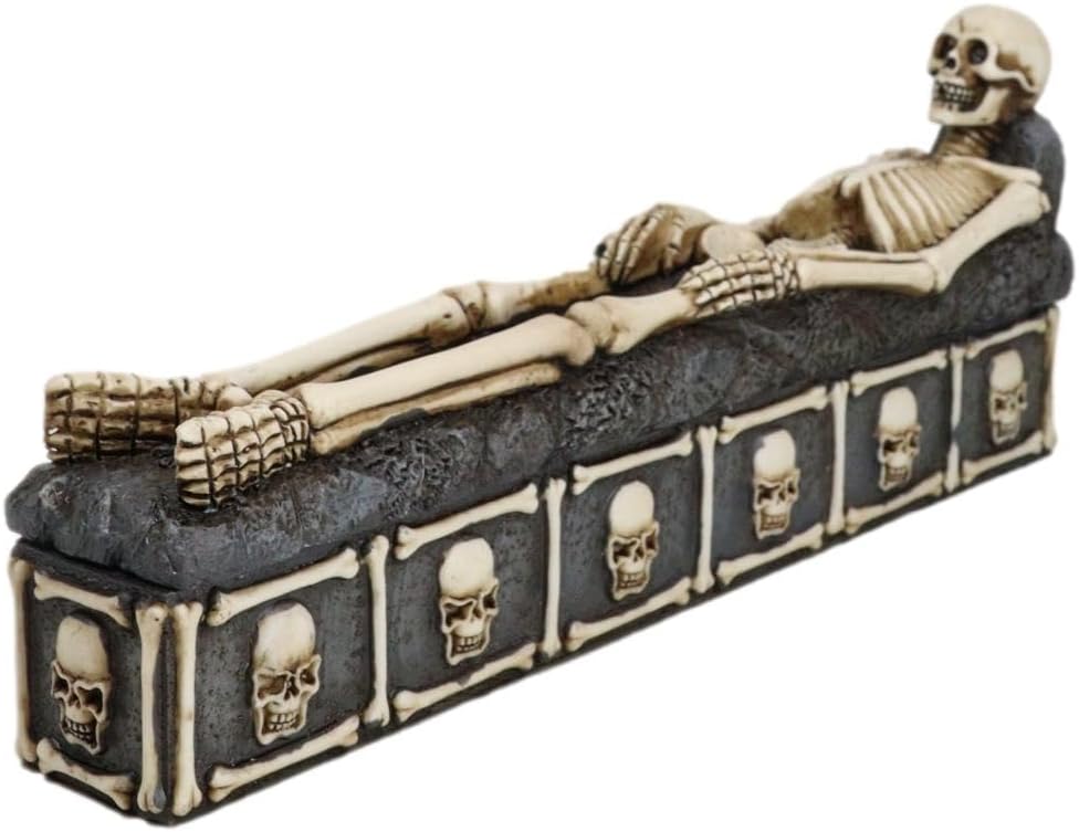 Ebros Gift Ossuary Macabre Bone Chilling Skeleton Rest in Peace Tombstone Graveyard Incense Stick Holder Burner and Storage Box Figurine Scary Halloween Decorations Gothic Home Decor