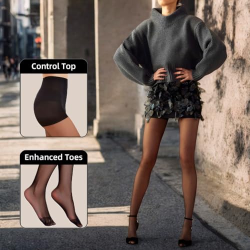 Image of Citystl 3 Pairs Black Sheer Tights for Women - 20D Not Rip Control Top Pantyhose with Reinforced Toes - Resist Tears