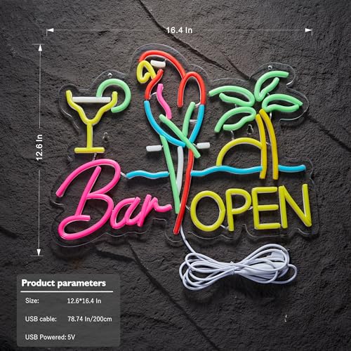 Image of Bar Open Neon Sign for Wall Decor, Parrot Open Beer Bar LED Light Up Dimmable Signs Compatible with Timer for Pub Party Man Cave Room Restaurant Business Party Art Decor Gift